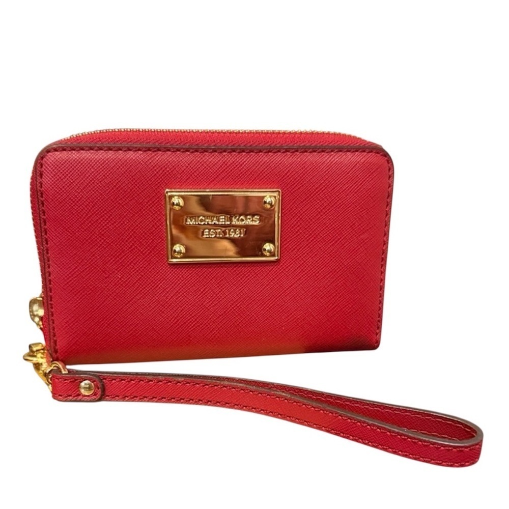 Michael Kors Red Wristlet with Gold Accents wallet coin purse designer bag